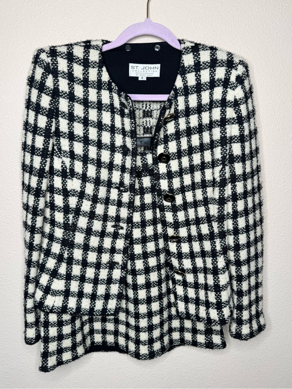 St. John tweed blazer featuring a black and white check pattern size 4
